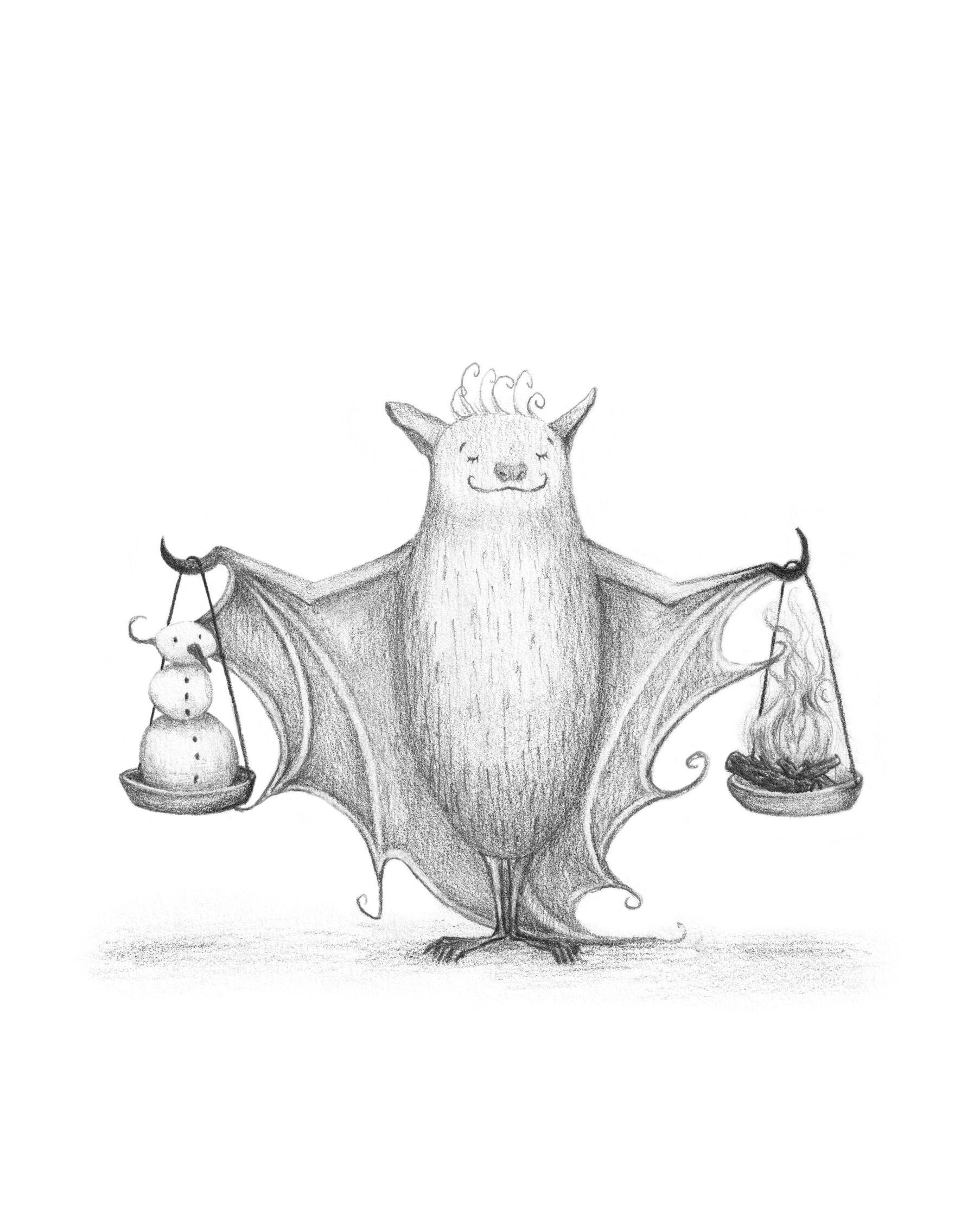 meervleermuis met een weegschaal met een een pot thee aan de ene kant en aan de andere kant ijsblokjes