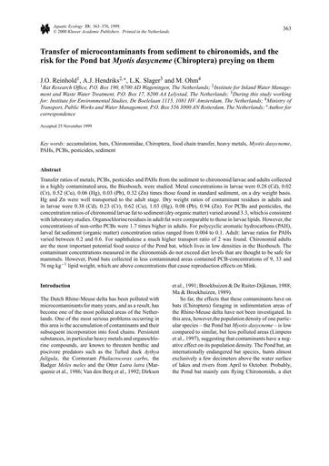 Transfer of microcontaminants from sediment to chironomids, and the risk for the Pond bat Myotis dasycneme (Chiroptera) preying on them